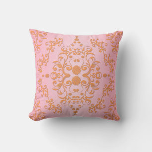 Pastel Pink and Peachy Orange Floral Damask Cushion