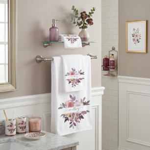 Pastel pink and purple floral personalised bath towel set