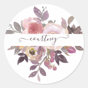 Pastel pink and purple floral personalised classic round sticker