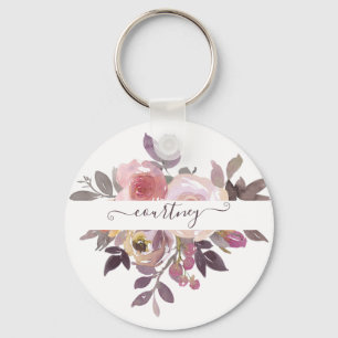 Pastel pink and purple floral personalised key ring