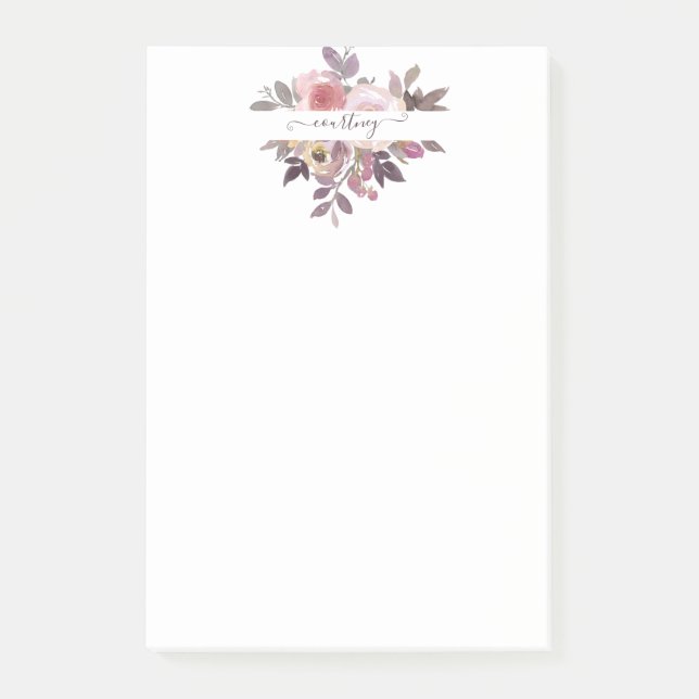 Pastel pink and purple floral personalised   post-it notes (Front)