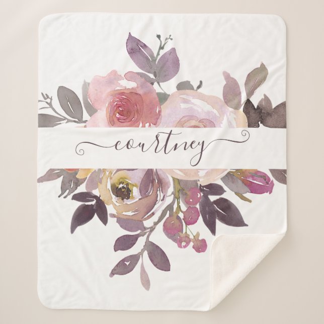 Pastel pink and purple floral personalised   sherpa blanket (Front)