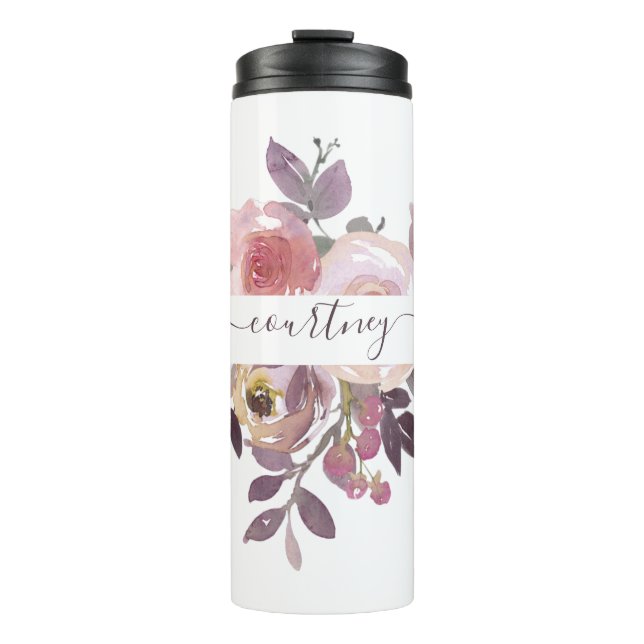 Pastel pink and purple floral personalised   thermal tumbler (Front)