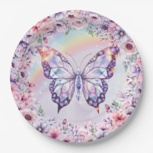 Pastel pink and purple magical crystal butterfly paper plate