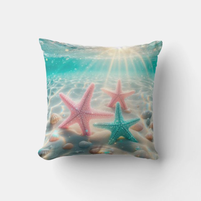 Pastel Pink And Teal Starfish Ocean Cushion (Front)