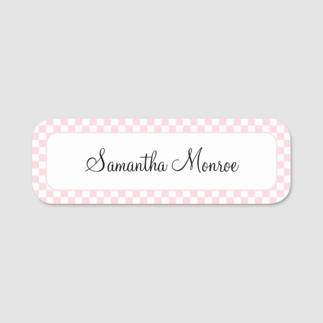Pastel Pink and White Check Name Tag (Front)