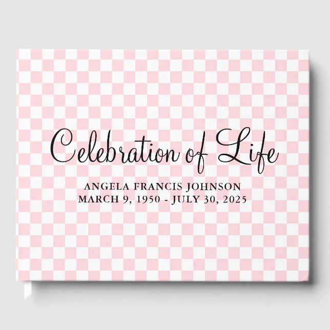 Pastel Pink and White Chequered Celebration of Lif Guest Book (Front)