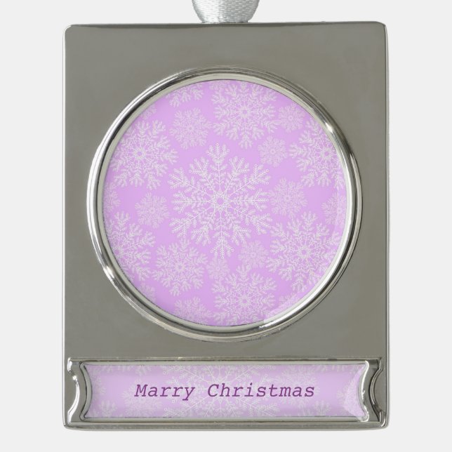 Pastel Pink And White Christmas Snowflakes Pattern Silver Plated Banner Ornament (Front)