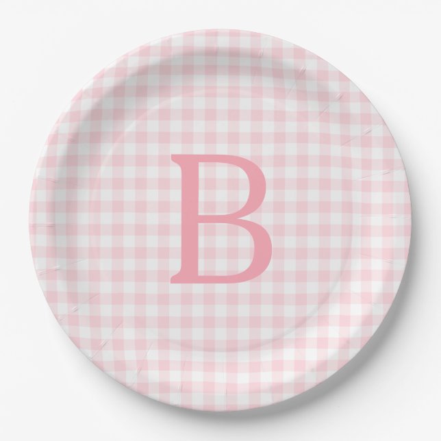 Pastel Pink and White Gingham Monogram Paper Plate (Front)