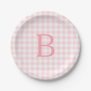 Pastel Pink and White Gingham Monogrammed Paper Plate
