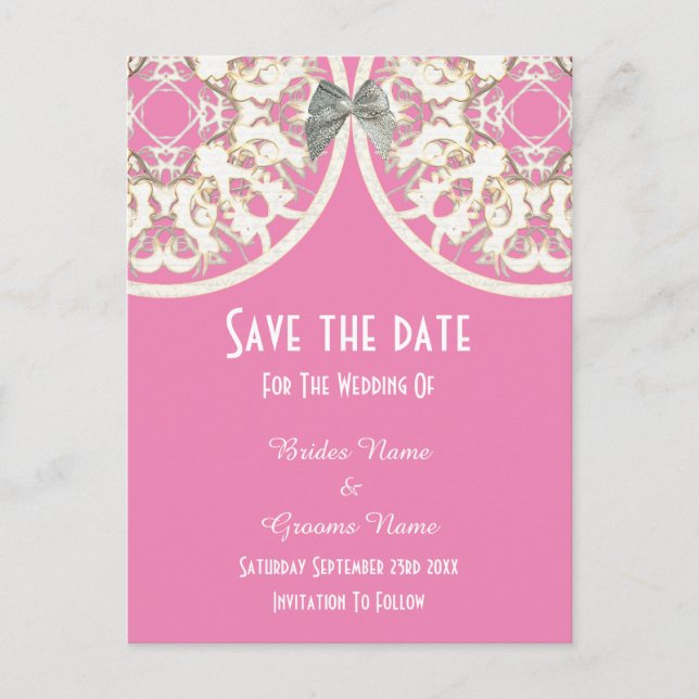 Pastel pink and white lace filigree  save the date announcement postcard (Front)