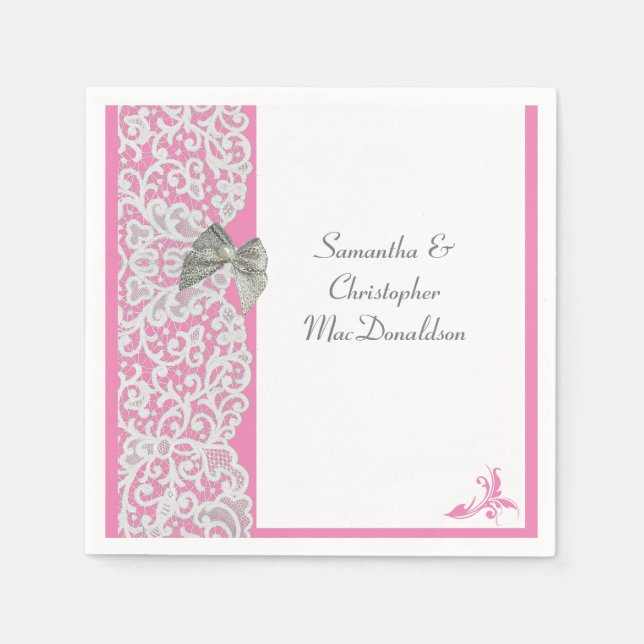 Pastel pink and white lace traditional wedding napkin (Front)