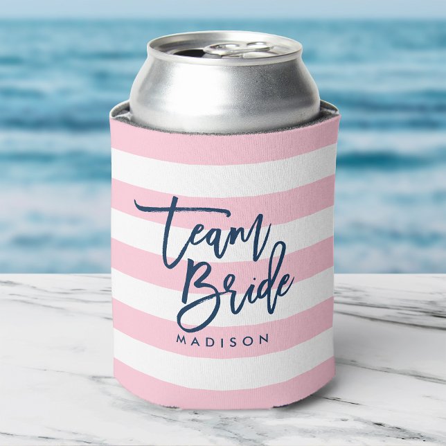 Pastel Pink and White Stripes Blue Team Bride Can Cooler (Creator Uploaded)