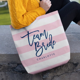 Pastel Pink and White Stripes Blue Team Bride Tote Bag