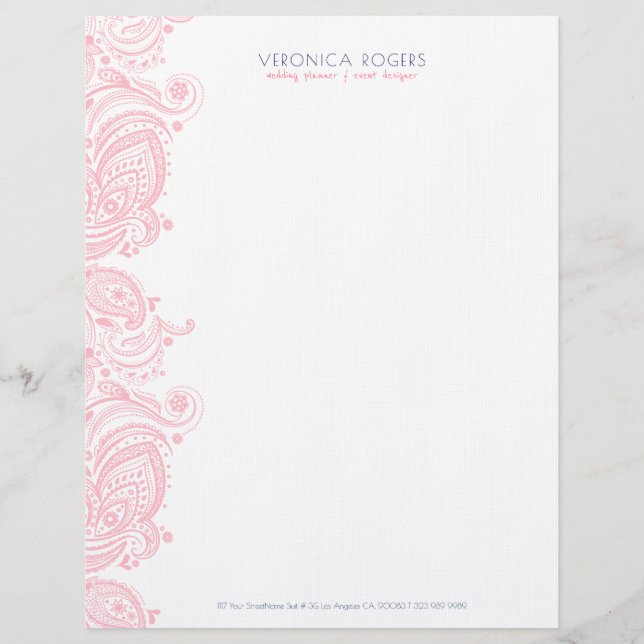 Pastel-pink and white vintage paisley custom letterhead (Front)