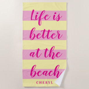 Pastel pink and yellow stripes personalised summer beach towel
