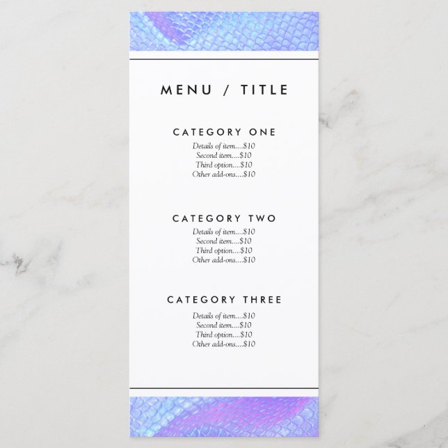 Pastel pink, aqua and lilac mermaid scales menu (Front)