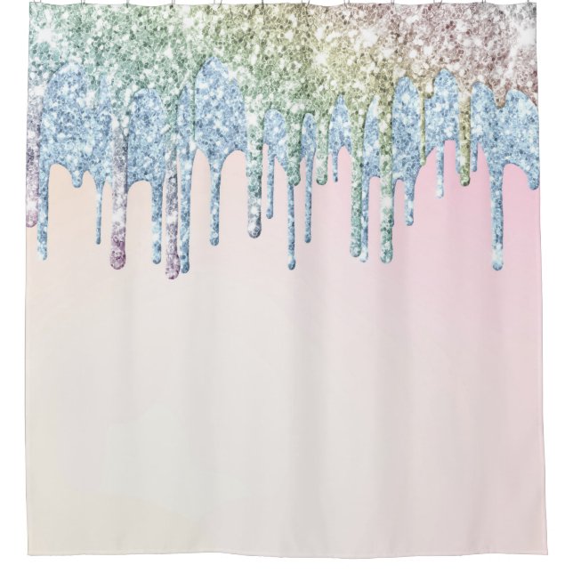 *~* Pastel Pink AQUA Blue Glitter Drip AP7  Shower Curtain (Front)