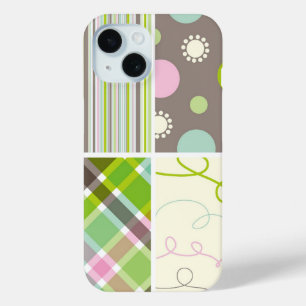 Pastel Pink Aqua Plaid Check Dots Scribble Pattern iPhone 15 Case
