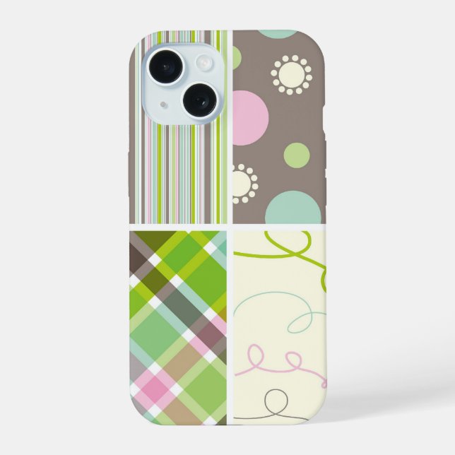 Pastel Pink Aqua Plaid Check Dots Scribble Pattern iPhone 15 Case (Back)