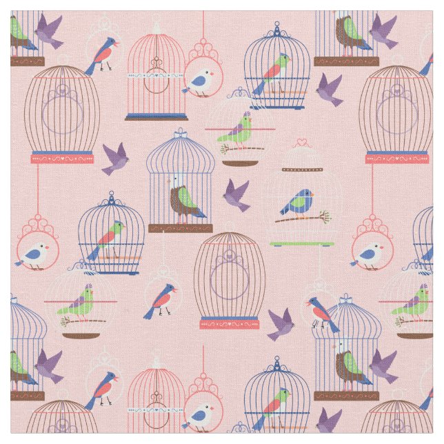pastel pink aviary birdcage birds fabric (Close Up)