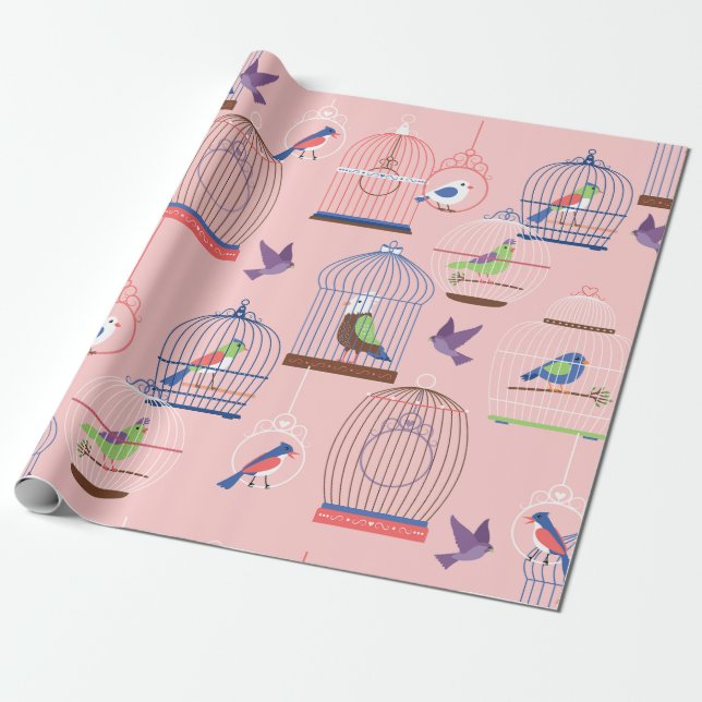 pastel pink aviary birdcage birds wrapping paper (Unrolled)