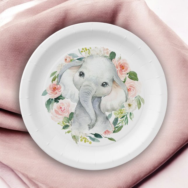 Pastel Pink Baby Elephant Floral Paper Plate (Creator Uploaded)