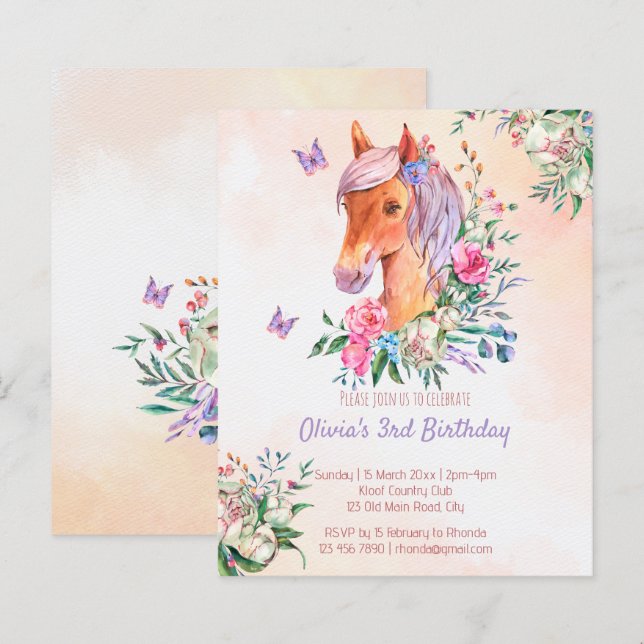 Pastel pink baby horse budget birthday invitation (Front/Back)