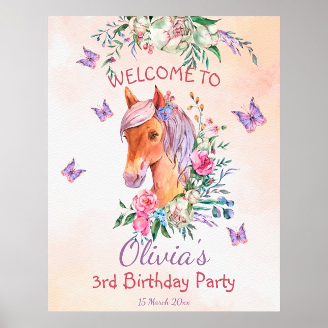 Pastel pink baby horse girls birthday party poster (Front)