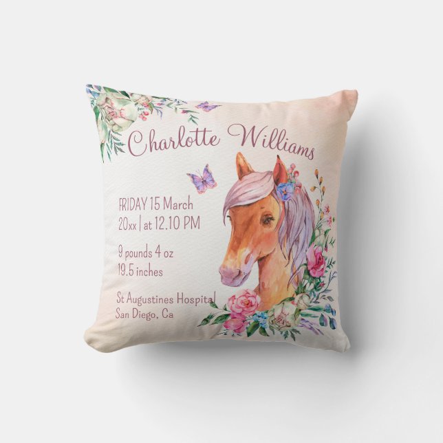 Pastel pink baby horse pony baby birth stats cushion (Front)
