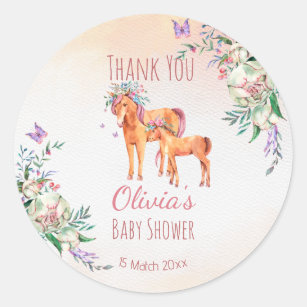 Pastel pink baby horse with mother baby shower classic round sticker
