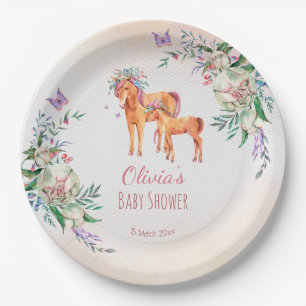 Pastel pink baby horse with mother baby shower paper plate
