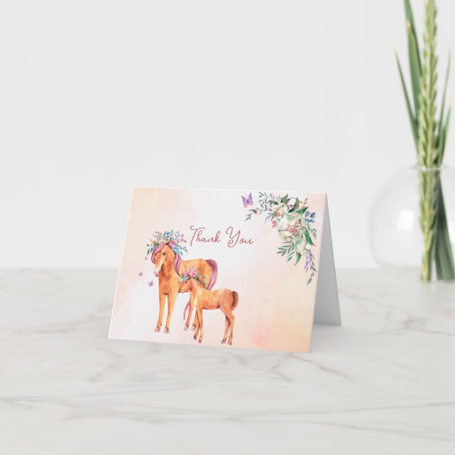 Pastel pink baby horse with mother baby shower  thank you card (Front)