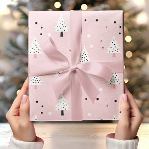 Pastel Pink Background with White Christmas Tree  Wrapping Paper