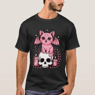Pastel Pink Bat Cute Cat with Skull Halloween Wome T-Shirt