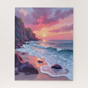 Pastel Pink Beach Sunset Ocean Waves Watercolor Jigsaw Puzzle