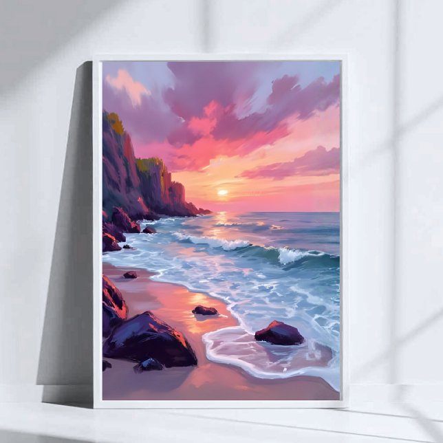 Pastel Pink Beach Sunset Ocean Waves Watercolor Poster (Creator Uploaded)