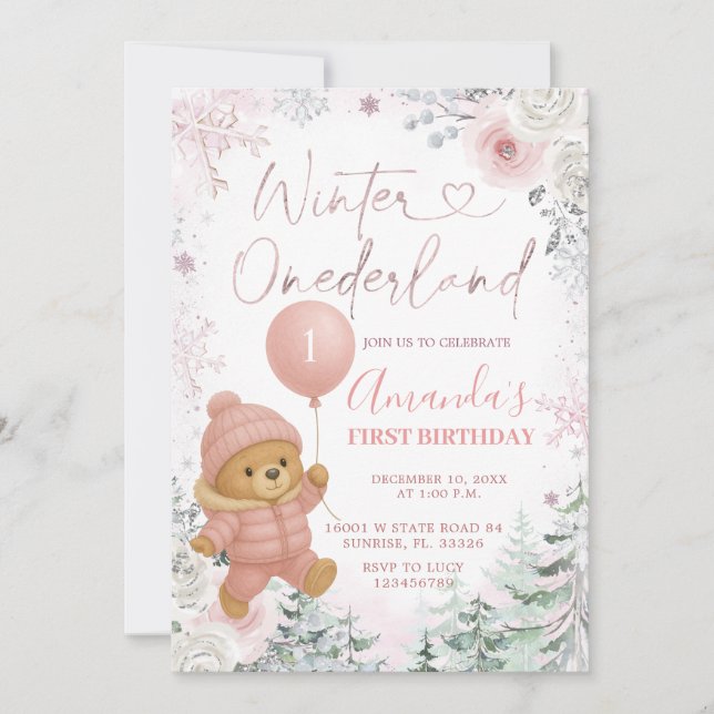  Pastel Pink Bear Balloon Winter Onederland Invitation (Front)