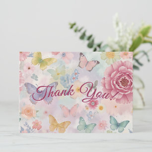 Pastel Pink Birthday Girl Butterfly Floral Party Thank You Card