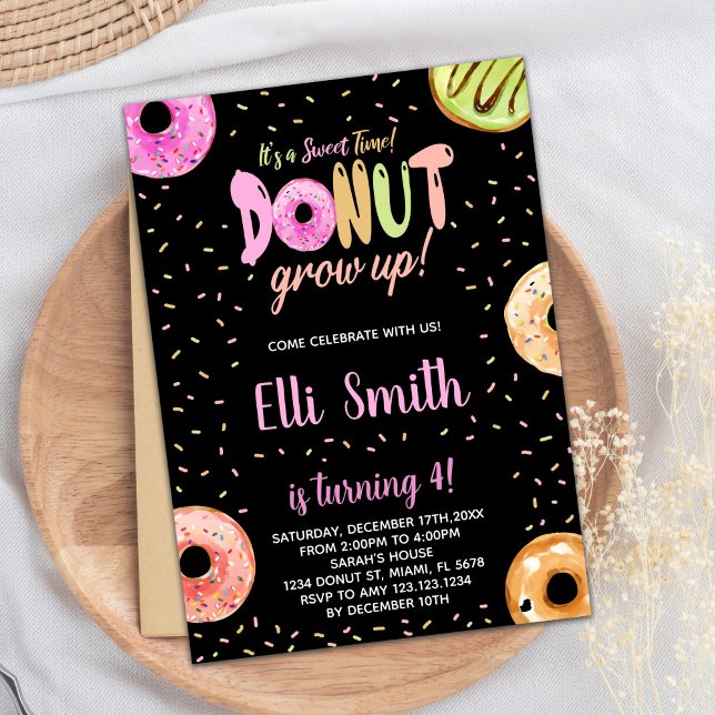 Pastel Pink Black Doughnut Birthday Invitations (Pastel Pink Black Donut Birthday Invitations)