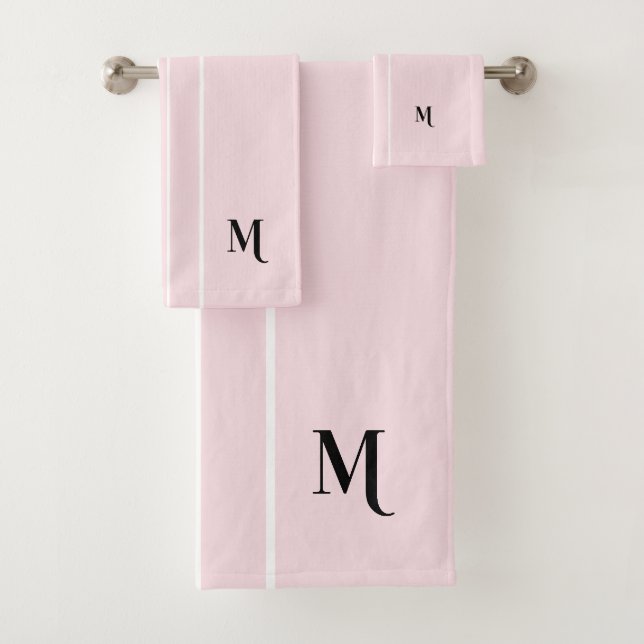 Pastel Pink Black Monogram White Racing Stripes Bath Towel Set (Insitu)