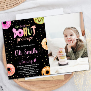 Pastel Pink Black Photo Doughnut Birthday Invitati Invitation