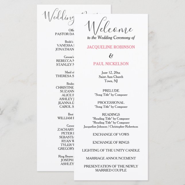 Pastel Pink Black Wedding Program Programme (Front/Back)