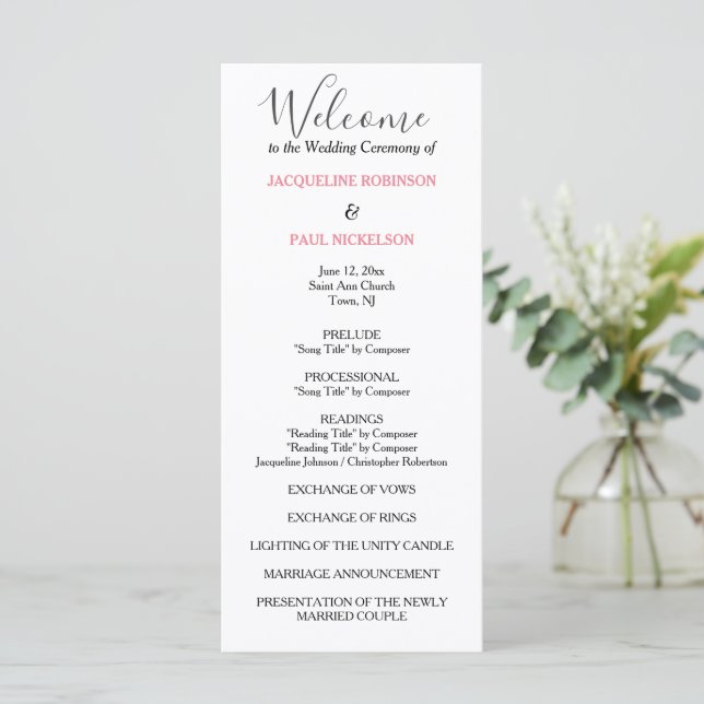 Pastel Pink Black Wedding Program Programme (Standing Front)