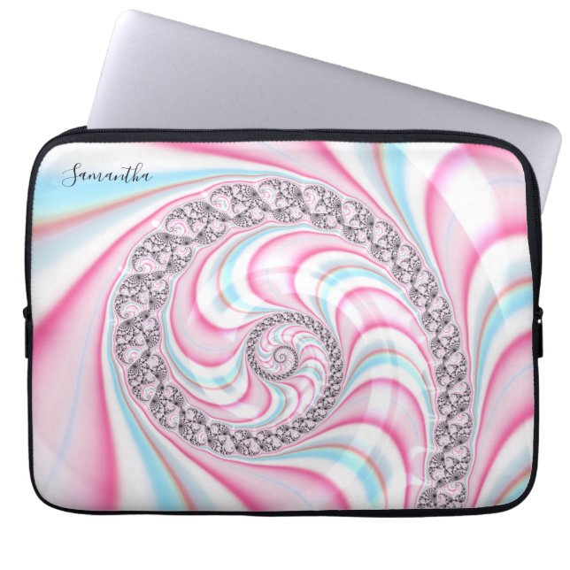 Pastel Pink Blue Candy Cane Spiral Fractal Laptop Sleeve (Front)