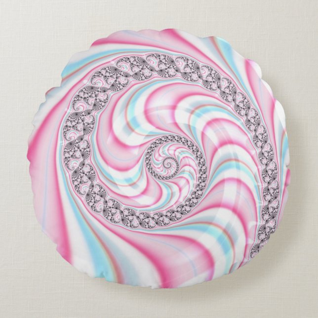 Pastel Pink Blue Candy Cane Spiral Fractal Round Cushion (Front)