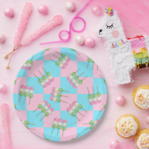Pastel Pink Blue Chequered Dango Paper Plate
