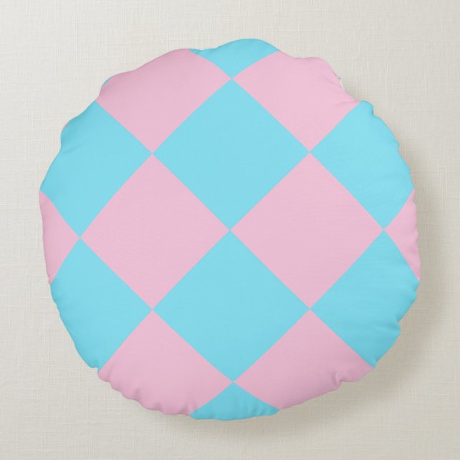 Pastel Pink Blue Chequered Dango Round Pillow (Back)