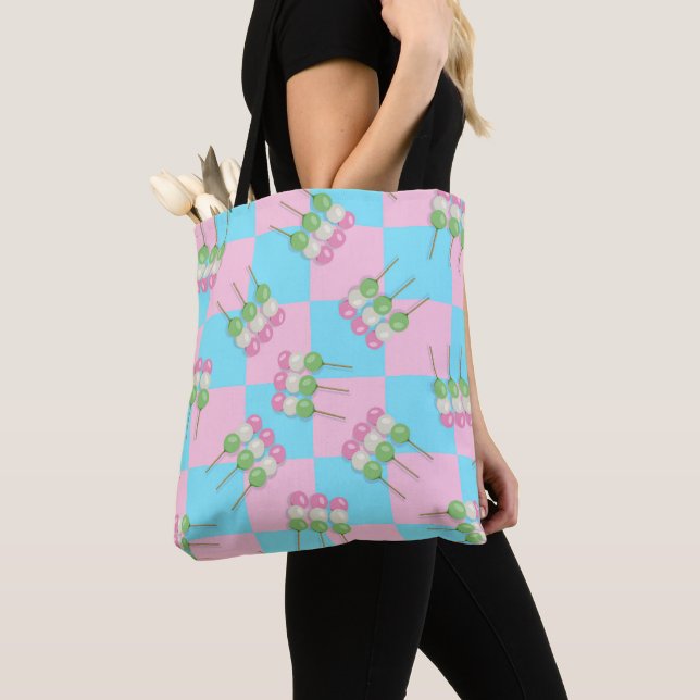 Pastel Pink Blue Chequered Dango Tote Bag (Close Up)