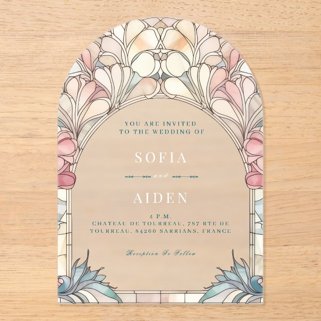 Pastel pink blue floral acrylic invitation (Front)